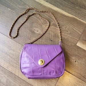 Vintage Purple Croc Embossed Leather Crossbody Bag Gold Chain Strap Colombia
